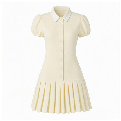 Women Fitted Shirt Dress with Puff Sleeves and Pleated Skirt EVA-US