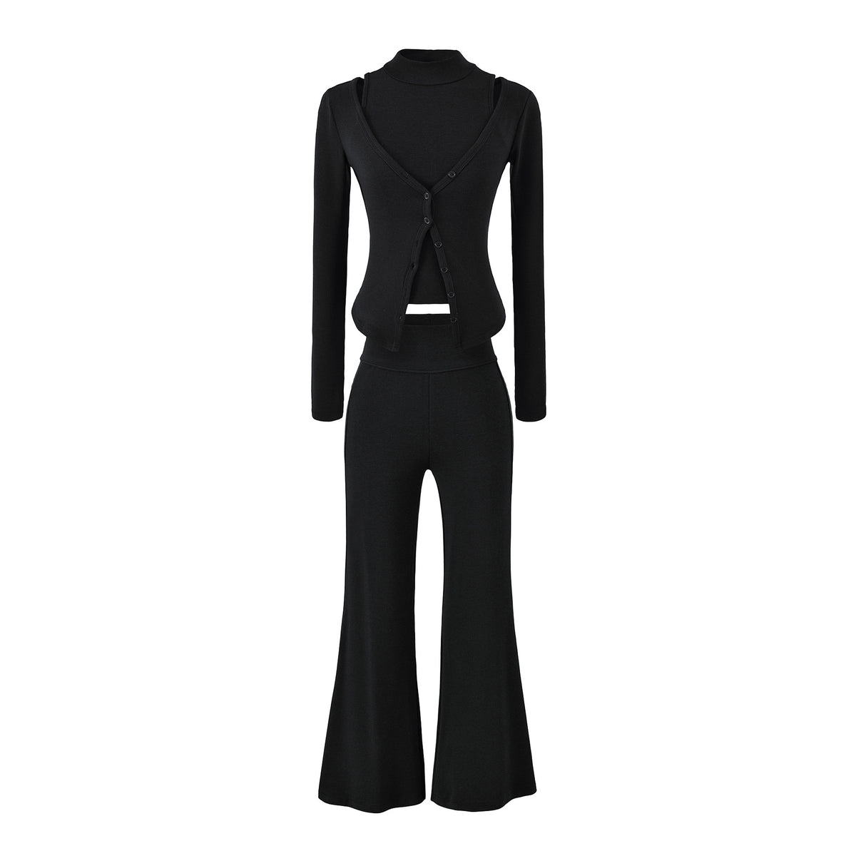 Women Figure-Hugging Layering Set with Turtleneck Long Sleeve and Asymmetrical Button Jacket and Flared High-Waist Pants EVA-US