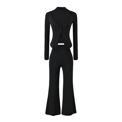 Women Figure-Hugging Layering Set with Turtleneck Long Sleeve and Asymmetrical Button Jacket and Flared High-Waist Pants EVA-US