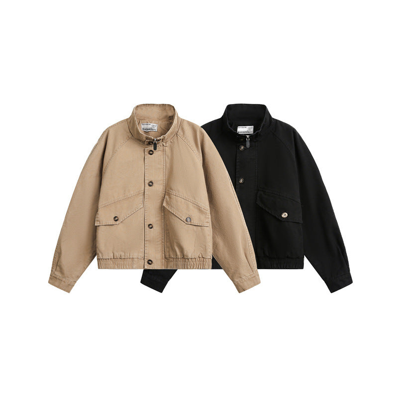 Unisex Short Cut Boxy Canvas Blouson Jacket with Funnel Collar, Patch Flap Pockets and Elastic Hem EVA-US
