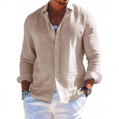 Men's textured linen shirt with open collar, lightweight texture, and casual-tailored fit EVA-US