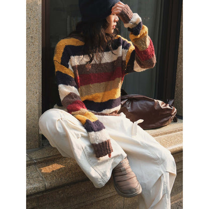 Women's Soft Fluffy Striped Sweater with Loose Silhouette EVA-US