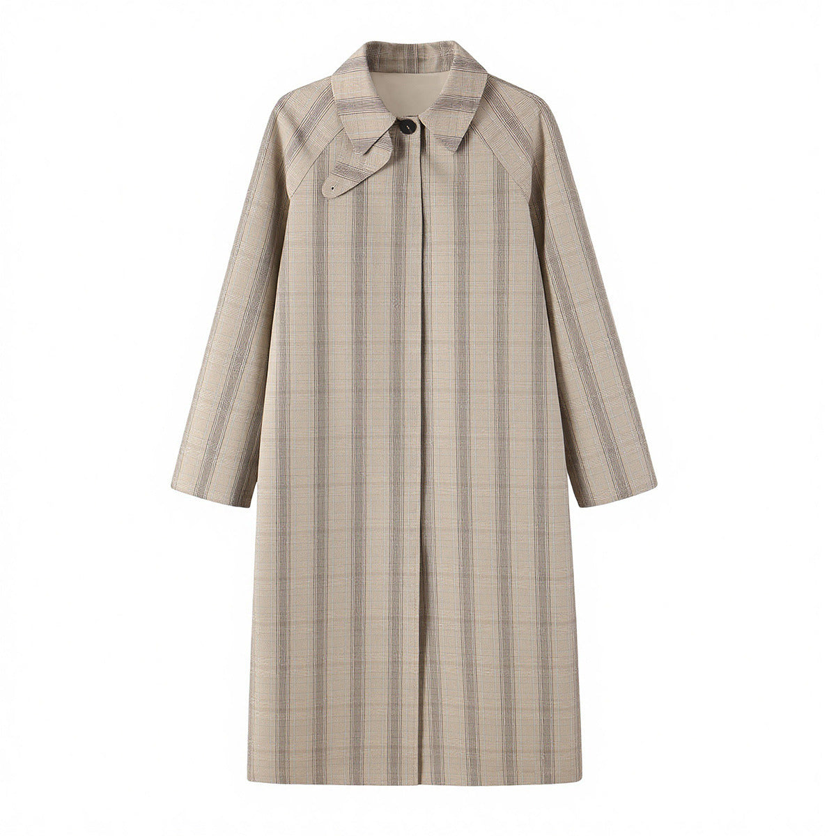 Women's Mid-Length Check Coat with Concealed Button Placket and Raglan Sleeves EVA-US