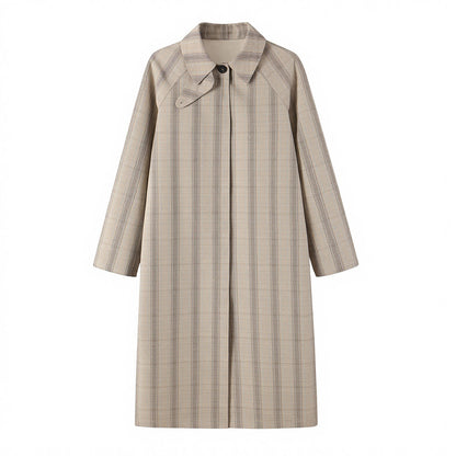 Women's Mid-Length Check Coat with Concealed Button Placket and Raglan Sleeves EVA-US