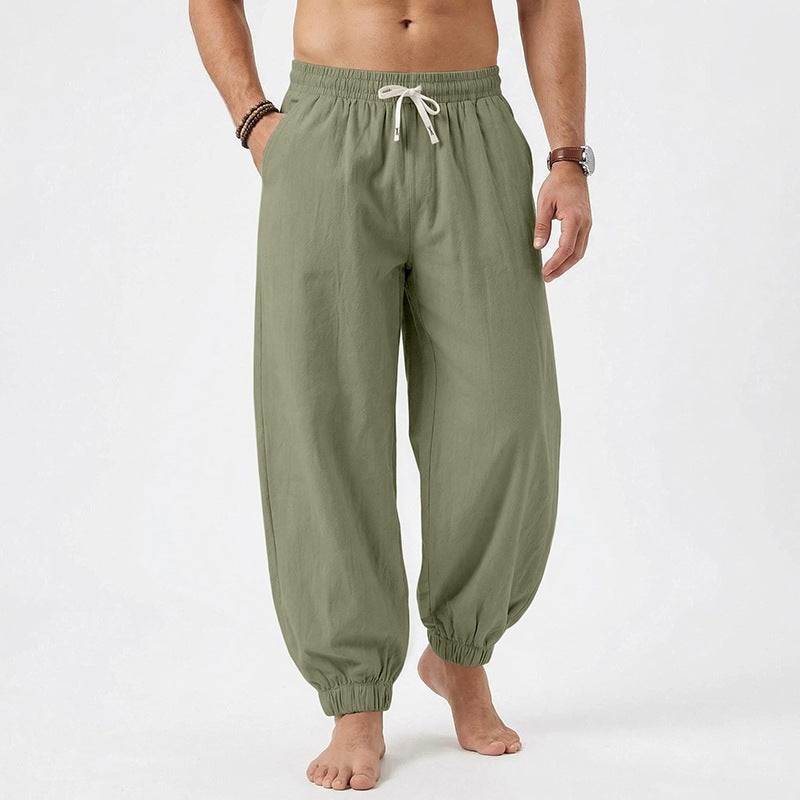 Men's relaxed harem pants made of linen blend with elastic drawstring waistband and gathered ankle cuffs EVA-US