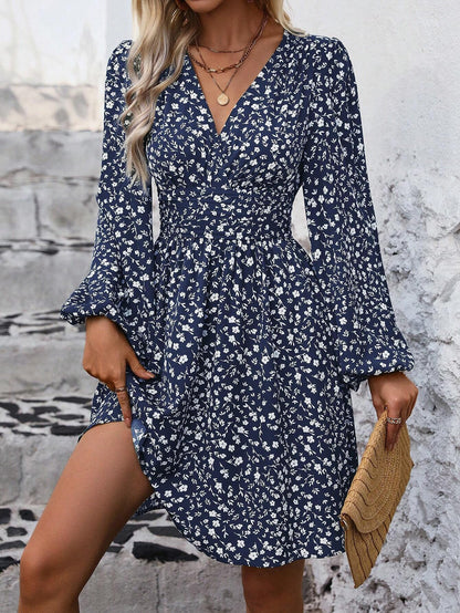 Women's wrap dress with a stylish V-neck and voluminous sleeves