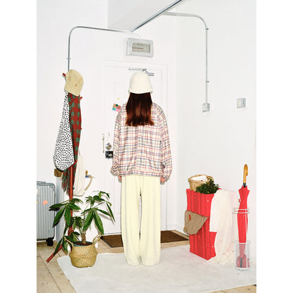 Women's lightly padded checkered boxy bomber jacket with drawstring hem, wooden bead cord and patch pockets EVA-US