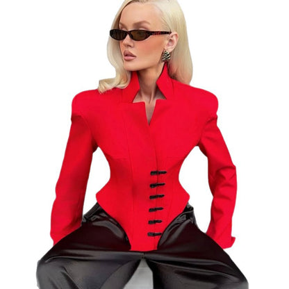 Women Tailored Stand Collar Blazer with Corset Tailoring EVA-US