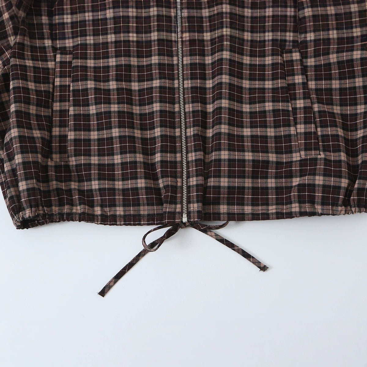 Women's Checkered Cropped Jacket with Stand-up Collar, Drawstring Hem and Pockets EVA-US