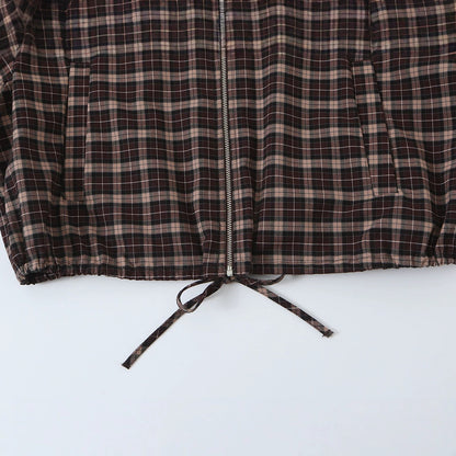 Women's Checkered Cropped Jacket with Stand-up Collar, Drawstring Hem and Pockets EVA-US