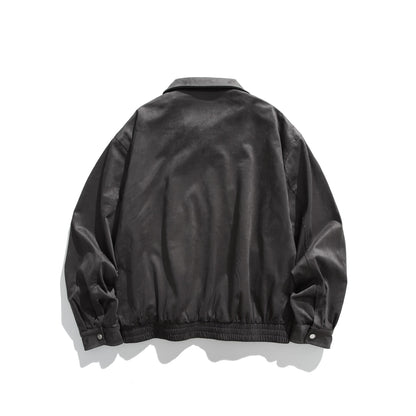 Men's short-cut velour blouson with shirt collar, two-way zipper, and elastic hem
