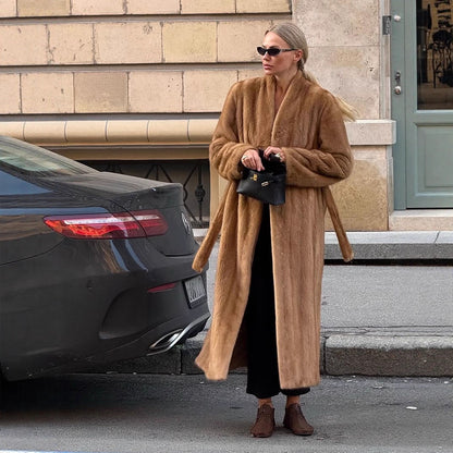 Women Luxurious Long Fur Coat with Shawl Collar and Flattering Oversize Cut EVA-US