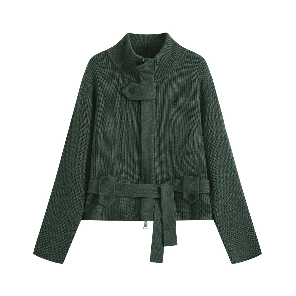 Women's cardigan with stand collar, zipper and waist tie belt EVA-US