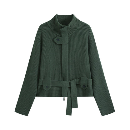 Women's cardigan with stand collar, zipper and waist tie belt EVA-US