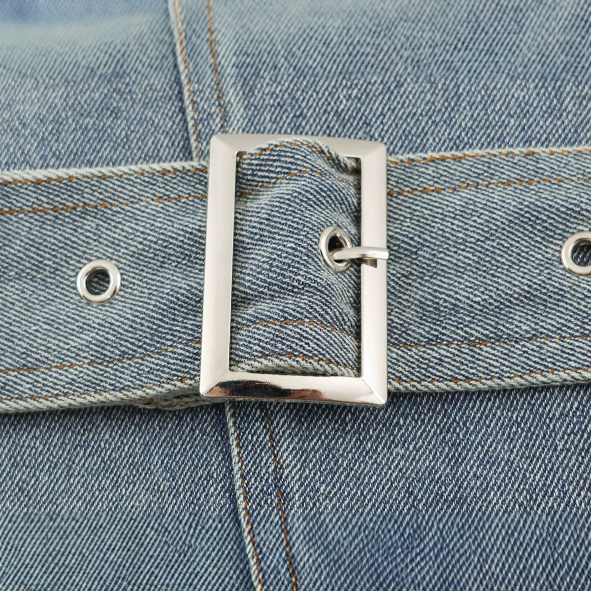 Women's denim jacket with belted waist and asymmetric snap button placket EVA-US