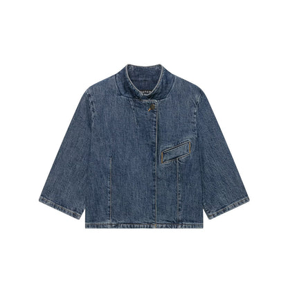 Women's Cropped Denim Jacket in Boxy Cut with Stand Collar and Concealed Button Placket EVA-US