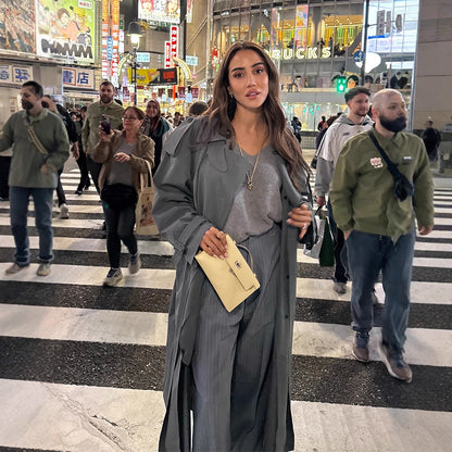 Women's Maxi Long Oversized Trench Coat made of soft velour with shoulder patches and double-breasted button placket EVA-US