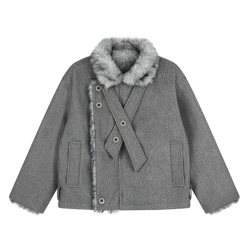 Women's short wool jacket with faux fur trim and asymmetric button placket EVA-US