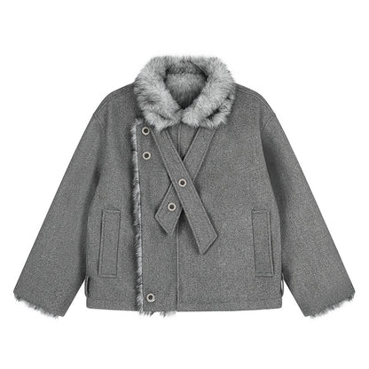Women's short wool jacket with faux fur trim and asymmetric button placket EVA-US