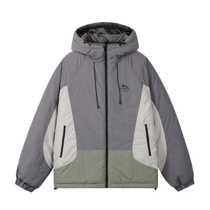Unisex Boxy Colorblock Hooded Puffer Jacket with Windproof Cover and Zip Pockets EVA-US