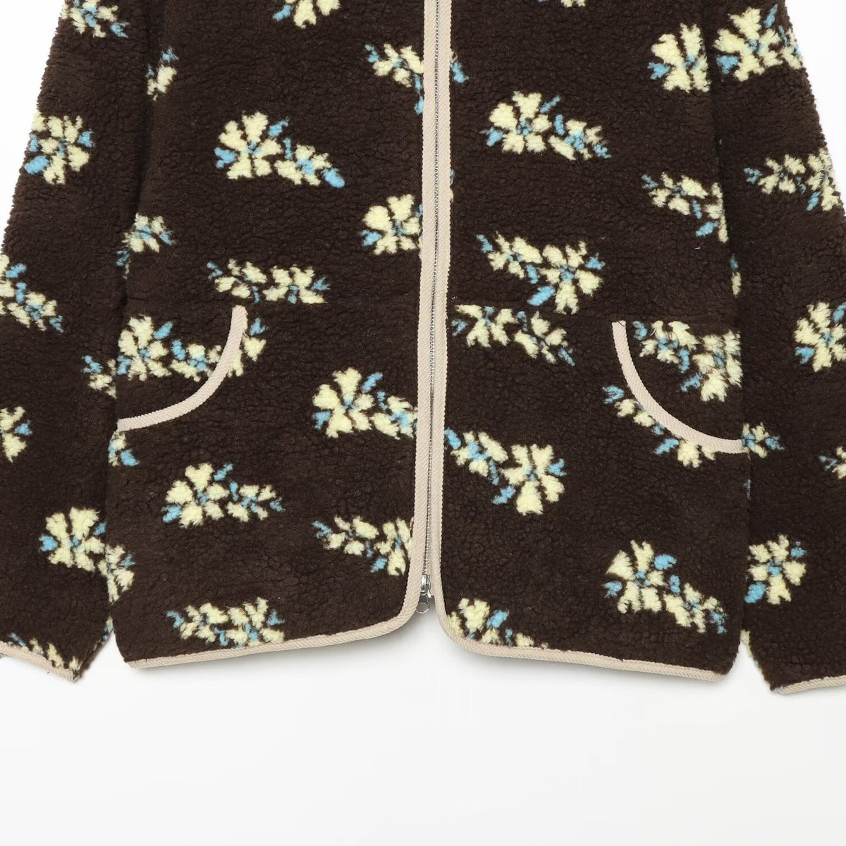Women's teddy fleece jacket with floral allover pattern, stand-up collar and zipper EVA-US