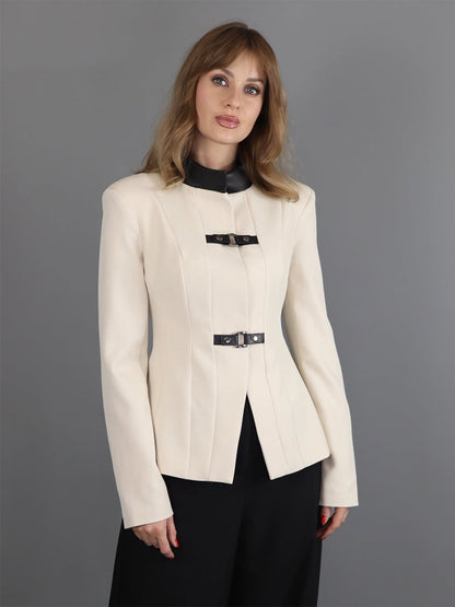 Women's Tailored Blazer with Stand-up Collar, Wiener Seams and Decorative Strap Closures EVA-US