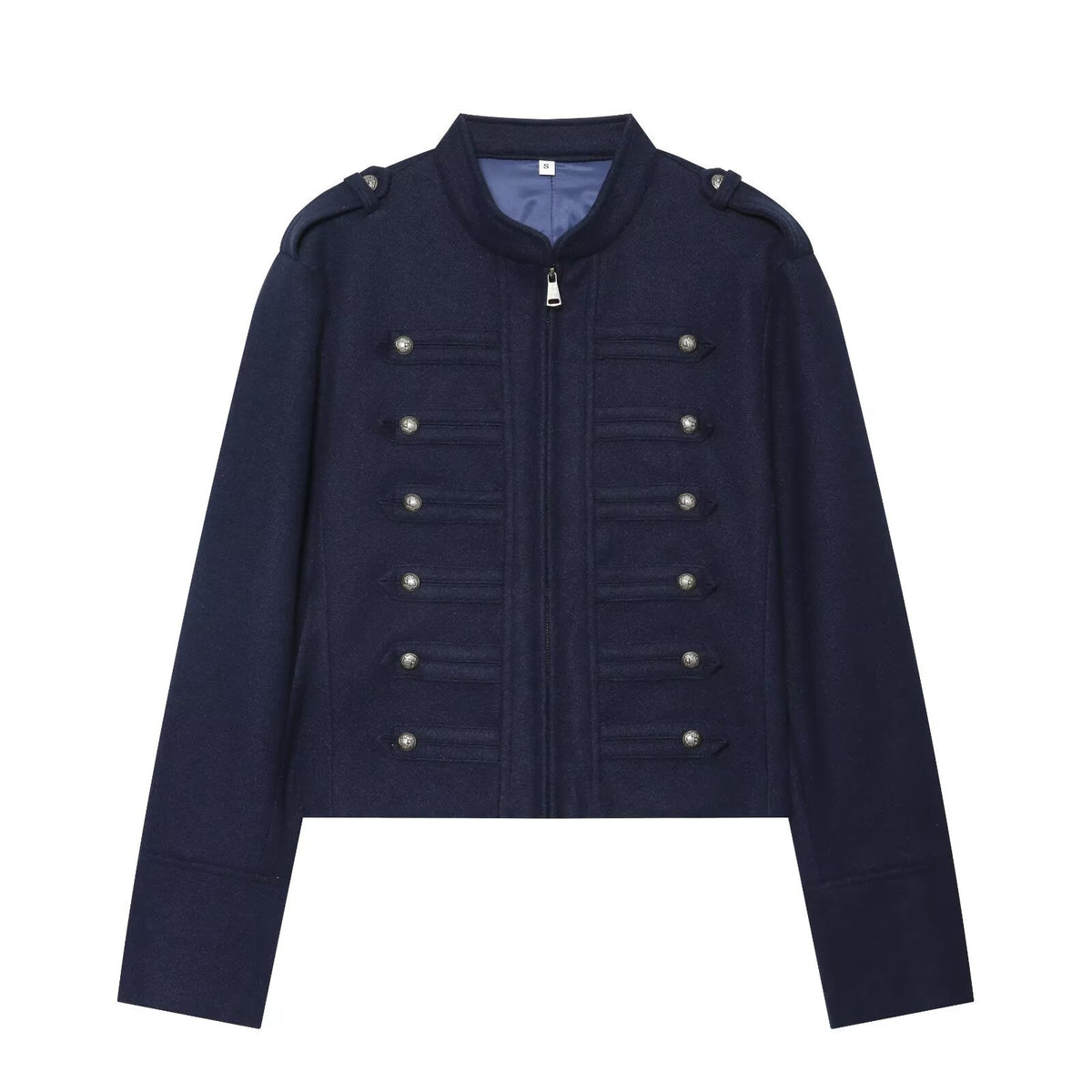 Women's Short Jacket Military-inspired Wool Blend Cropped Jacket with Stand Collar, Epaulettes and Decorative Button Placket EVA-US