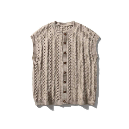 Women's Sleeveless Cable Knit Vest with Wooden Buttons and Ribbed Hem EVA-US