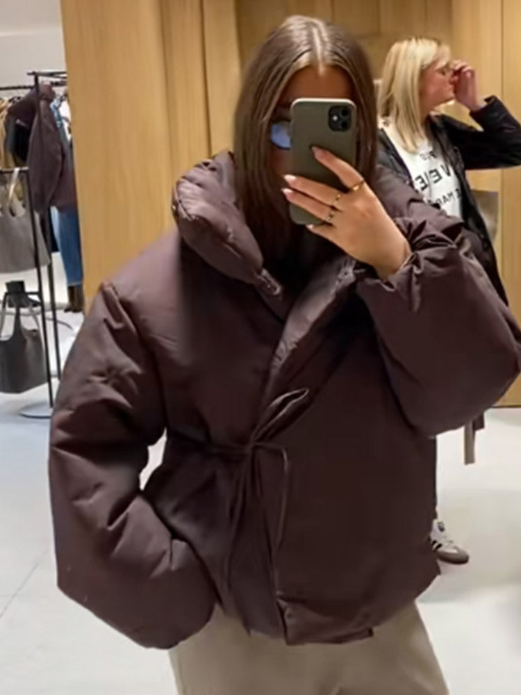 Women Short Padded Oversized Puffer Jacket with Hood and Tie Belt EVA-US