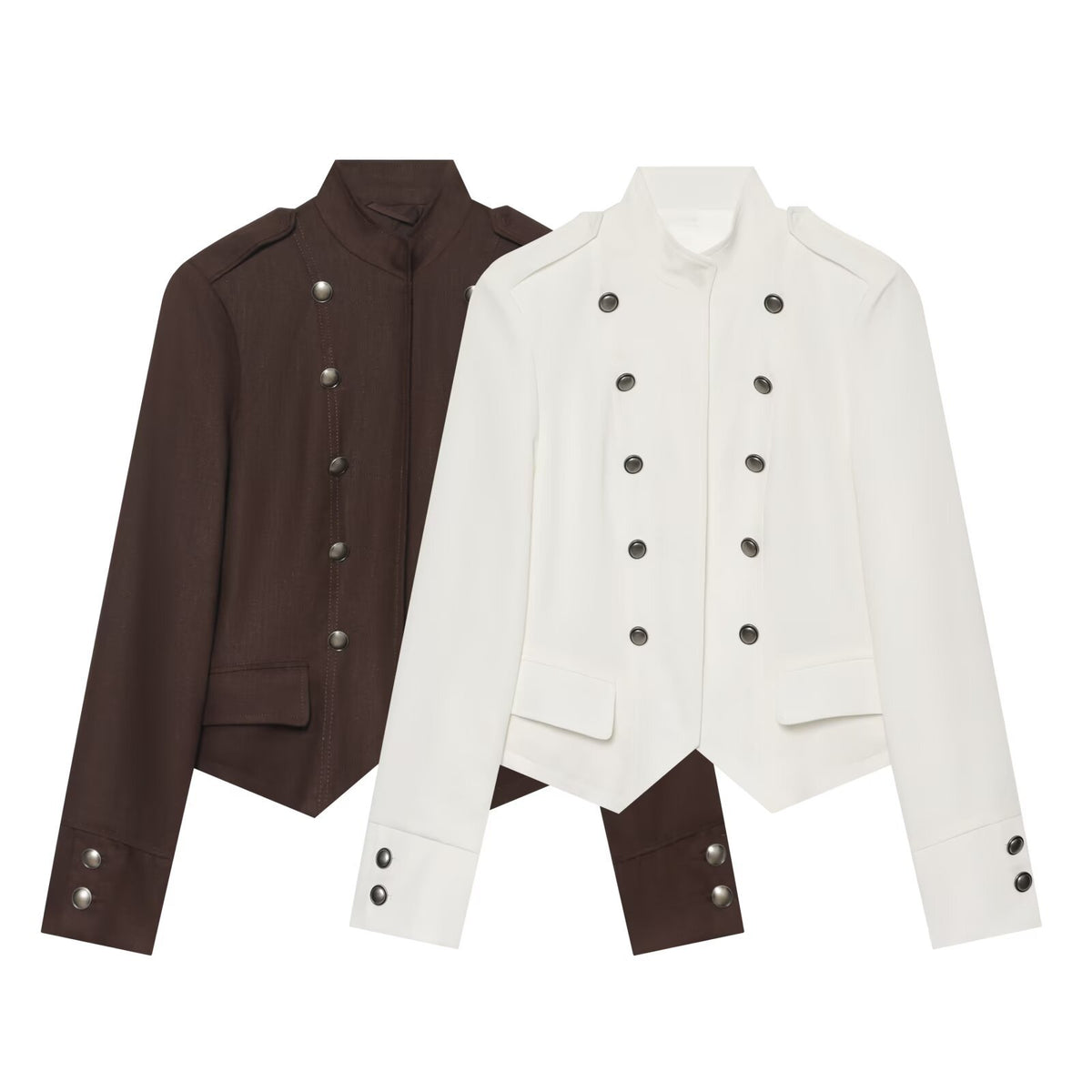 Women Short Military-Inspired Double-Breasted Jacket with Stand Collar and Flap Pockets EVA-US