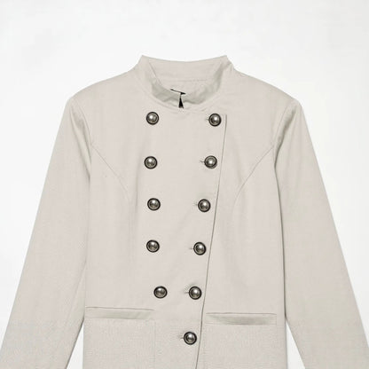 Women's tailored short blazer in sailor military style with stand-up collar and decorative buttons EVA-US