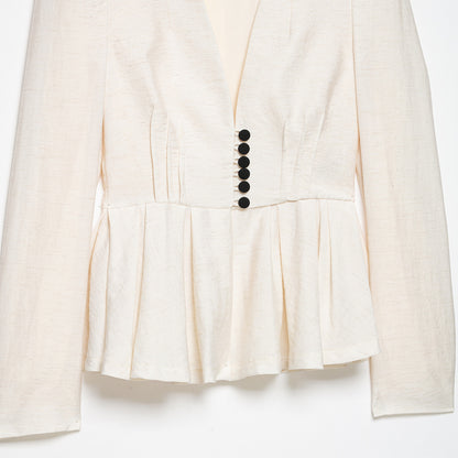 Women Tailored Blazer Jacket with Deep V-Neck, Pleated Peplum and Decorative Button Placket EVA-US