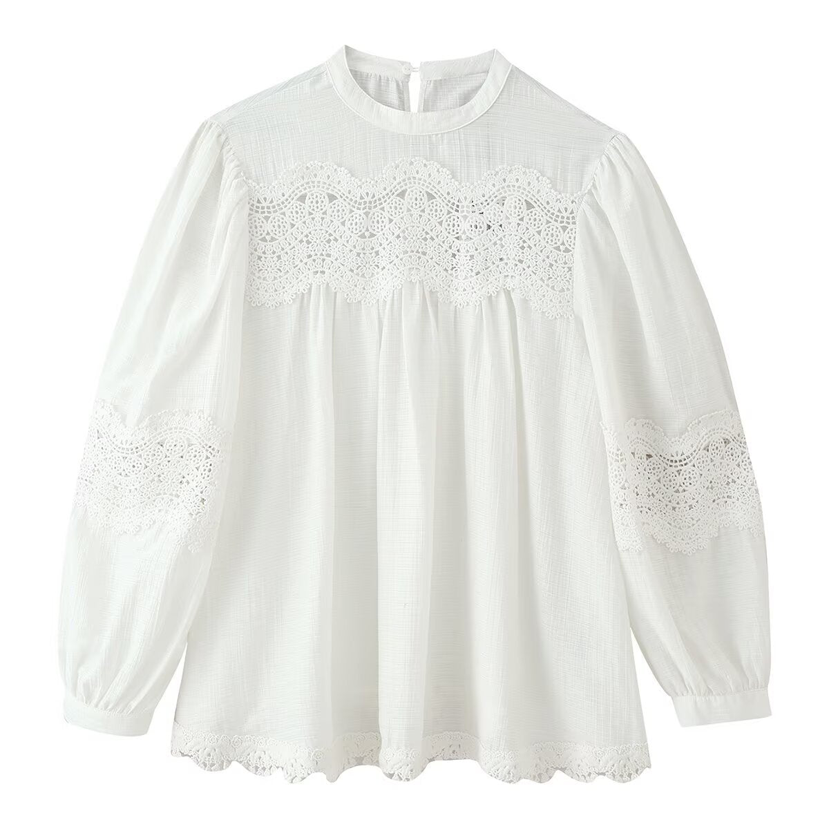 Ladies Romantic Lace Blouse with Stand Collar, Yoke and Balloon Sleeves EVA-US