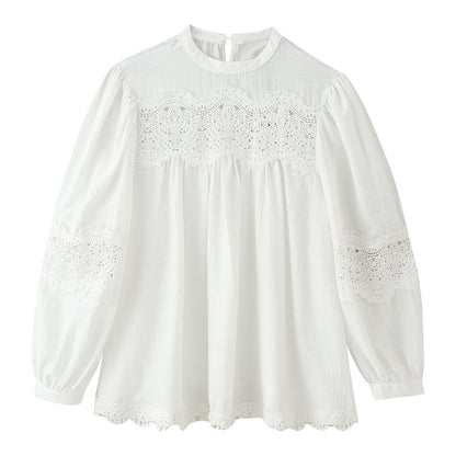 Ladies Romantic Lace Blouse with Stand Collar, Yoke and Balloon Sleeves EVA-US