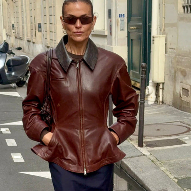 Women’s leather jacket with tailored peplum, zipper & large shirt collar EVA-US