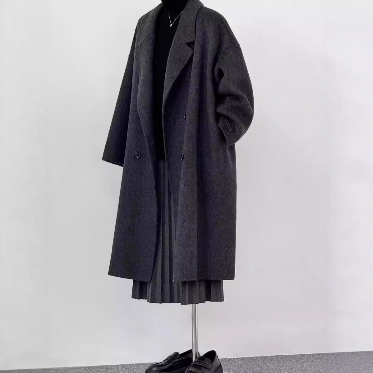 Women Oversized Wool Coat with Wide Lapels and Relaxed Silhouette EVA-US