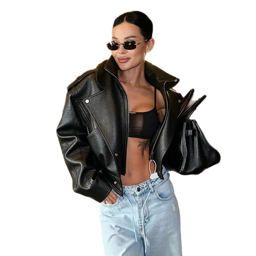 Women's Short-Cut Structured Biker Jacket Made of Faux Leather EVA-US