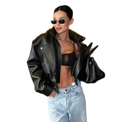Women's Short-Cut Structured Biker Jacket Made of Faux Leather EVA-US