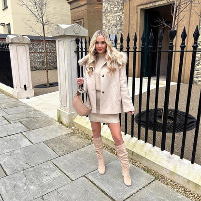 Women's short coat with faux fur shawl collar & boxy oversized silhouette EVA-US