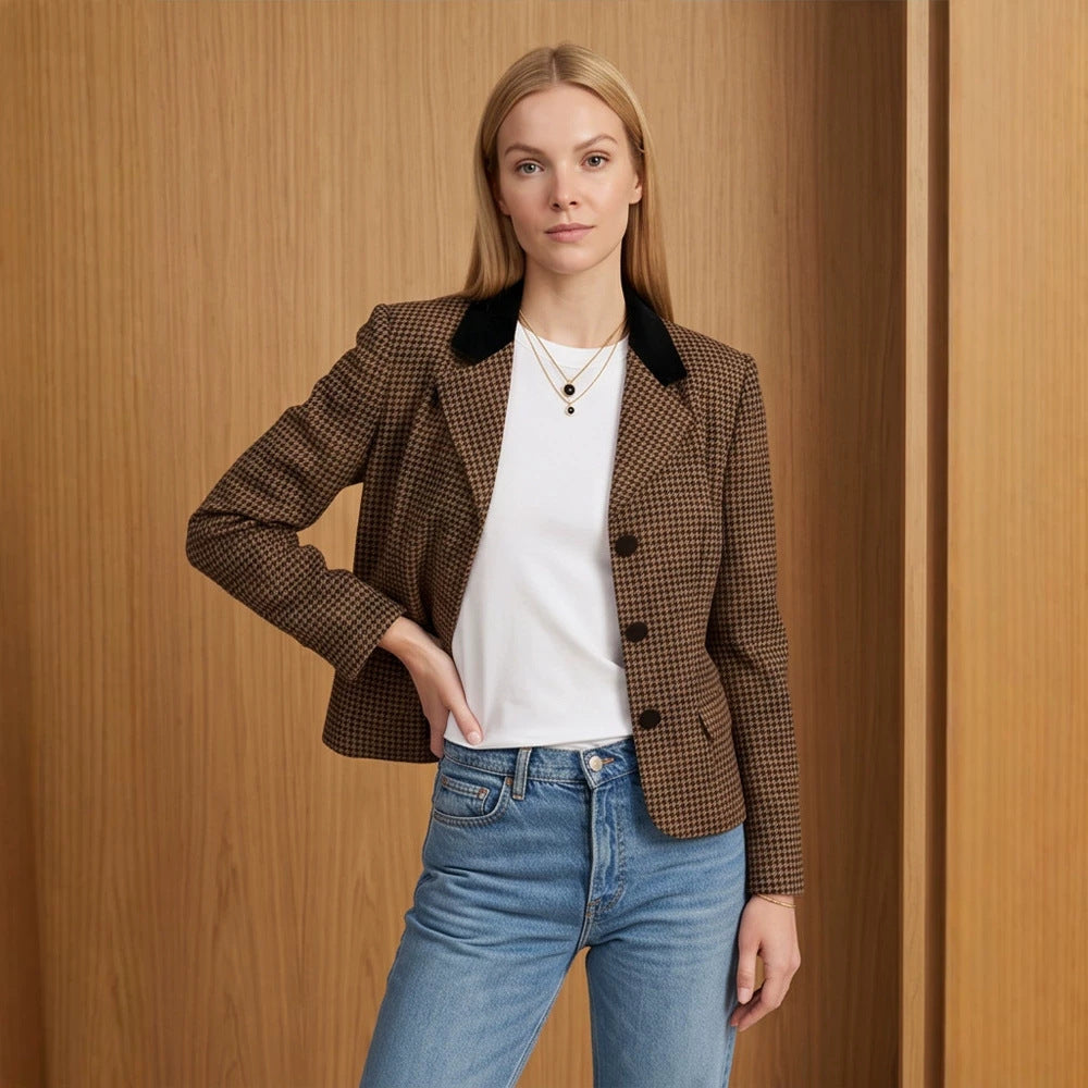 Women Tailored Houndstooth Blazer with Velvet Collar and Two-Button Placket EVA-US