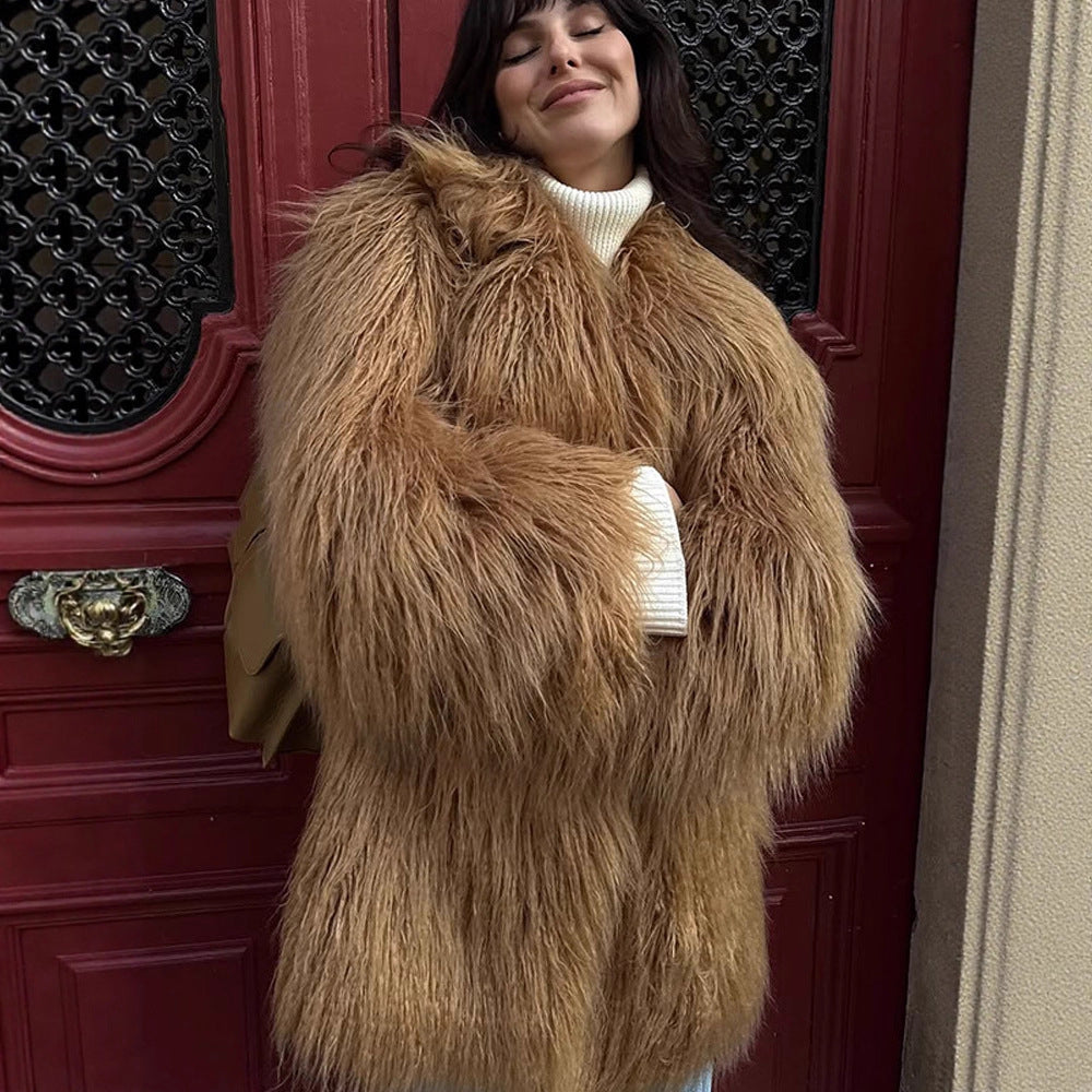 Women's Oversize Shaggy Faux Fur Coat with Long Pile Texture and Concealed Button Placket EVA-US