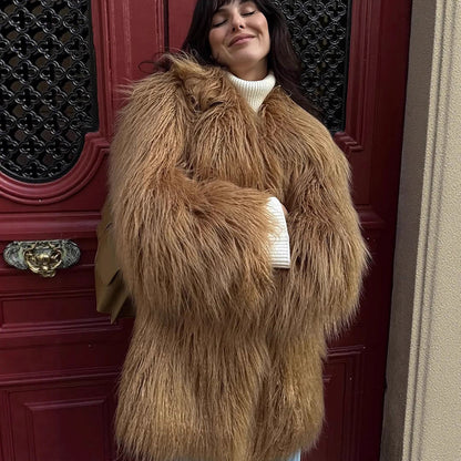 Women's Oversize Shaggy Faux Fur Coat with Long Pile Texture and Concealed Button Placket EVA-US