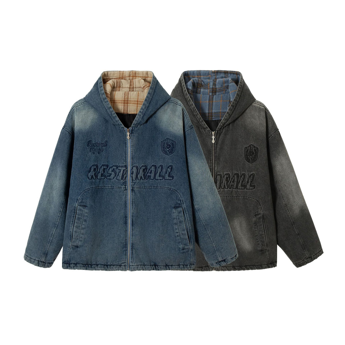 Men's Washed-Denim Hoodie in Oversized Look with Checked Lined Hood EVA-US
