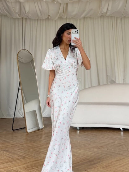 Women’s maxi dress with floral satin look, tailored silhouette and short puff sleeves EVA-US