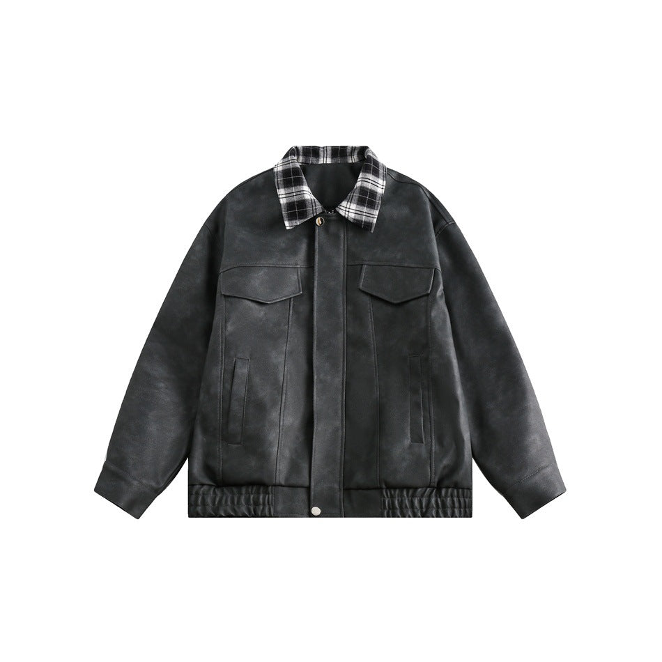 Men's Boxy Faux Leather Blouson with Checked Turn-Down Collar and Flap Pockets