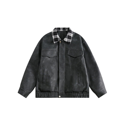 Men's Boxy Faux Leather Blouson with Checked Turn-Down Collar and Flap Pockets