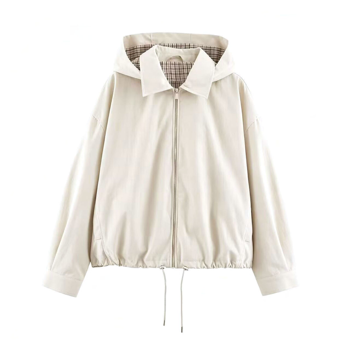 Women's Lightweight Hoodie Jacket in Cropped Oversize Fit with Drawstring Hem and Concealed Zipper EVA-US