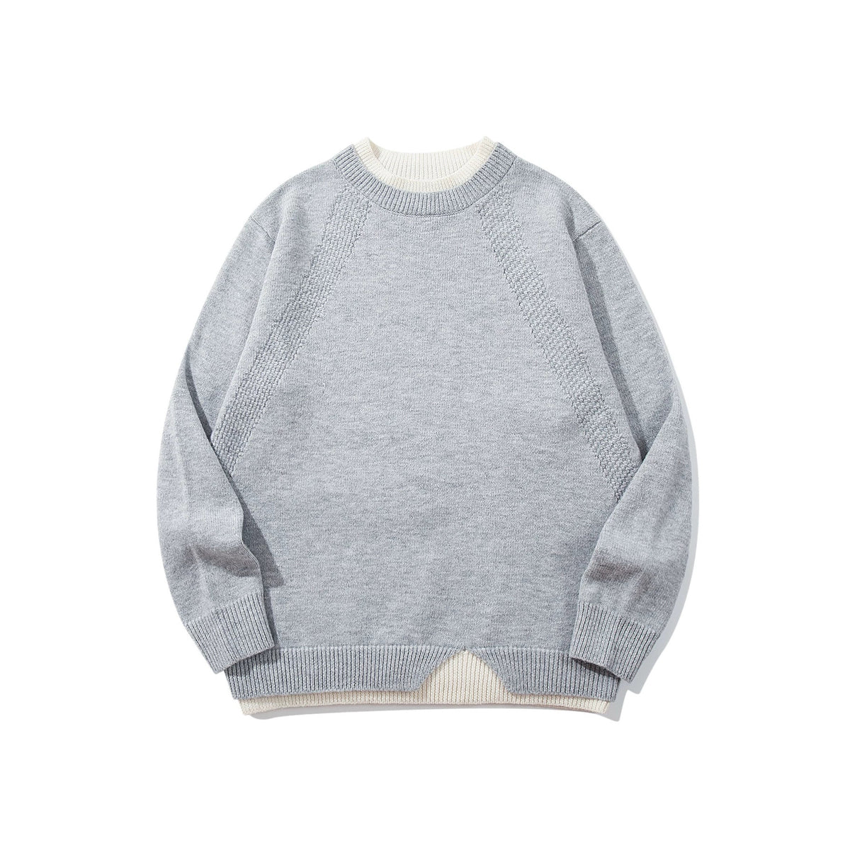 Women's Structured Rib and Waffle Knit Round Neck Sweater with Layered Hem EVA-US