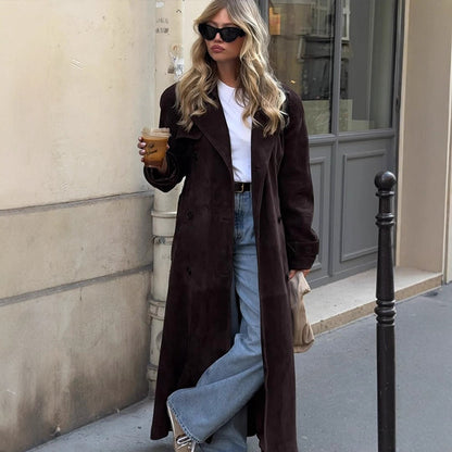 Women's Long Velvet Trench Coat with Tie Belt and Lapel Collar EVA-US