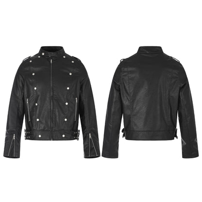 Men's biker leather jacket in military style with studs, stand-up collar and waist belt EVA-US